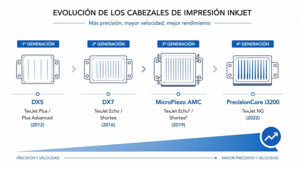 Diagrama de la evolución de los cabezales Epson en Polyprint: DX5, DX7, AMC e i3200