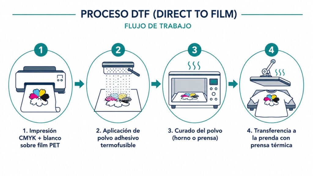 Flujo de trabajo DTF: impresión en film PET, polvo adhesivo, curado y prensa térmica