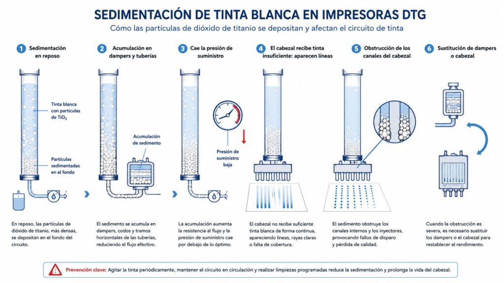Diagrama de los seis pasos de sedimentación de la tinta blanca en el circuito DTG