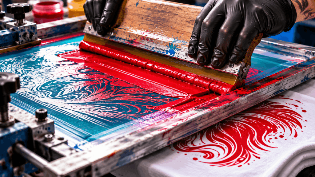 Proceso de impresión serigráfica con tinta roja sobre camiseta blanca